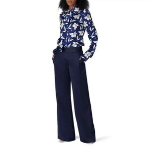 Giovanna Nicolai Shirt Womens BlueFloral Satin Long Sleeve Tie Neck Blouse